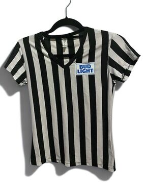 Bud Light Black White Striped V-Neck In Your Face Apparel T-Shirt Size S